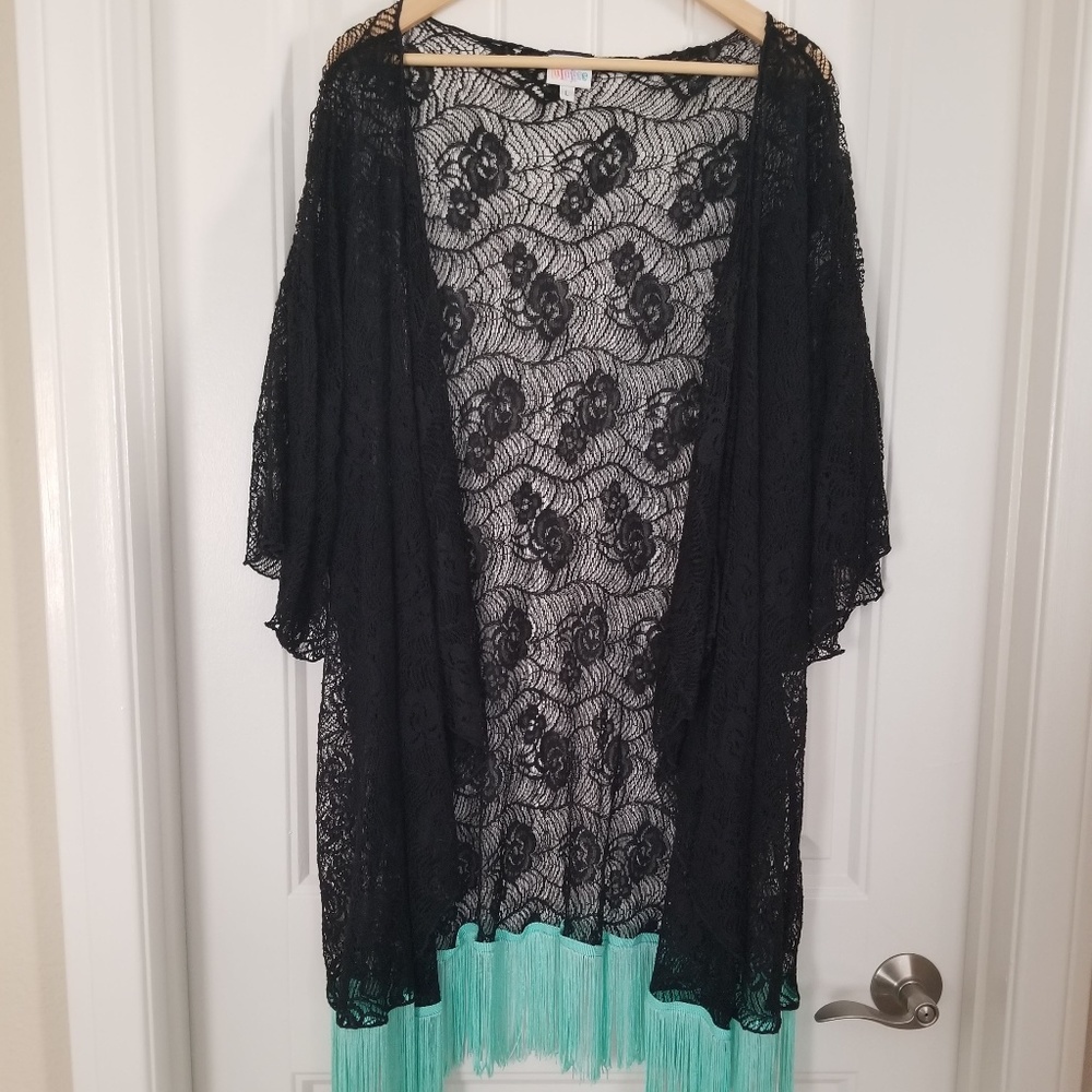 L Lularoe Monroe - Black Lace Roses & Mint Fringe